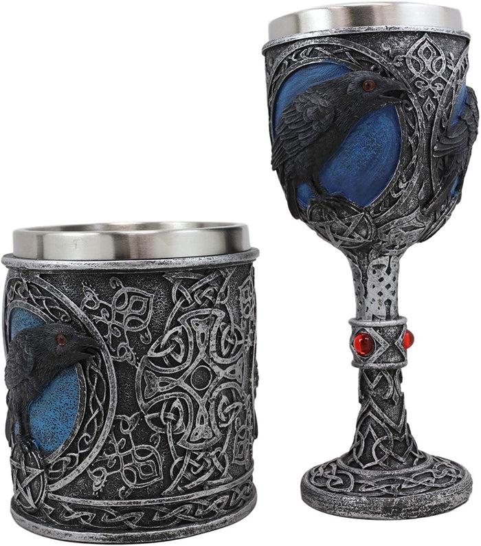 Ebros Gift Ebros Moonlight Raven Crow With Celtic Tribal Tattoo Wine Goblet And Mug Set