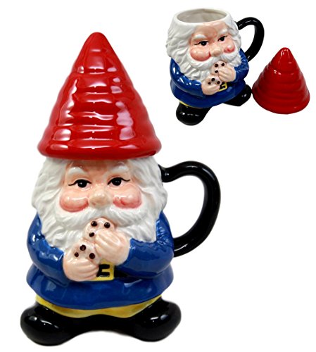 Ebros Gift Ebros Mr Gnome Eating Cookie Lidded Ceramic Mug Coffee Cup Home Kitchen Decor