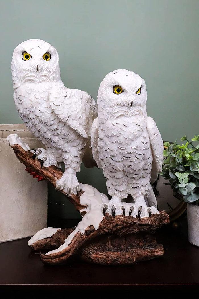 ebros gift Ebros Mystical Two White Snowy Owl Couple Perching On Tree Branch Statue 12.25"Tall