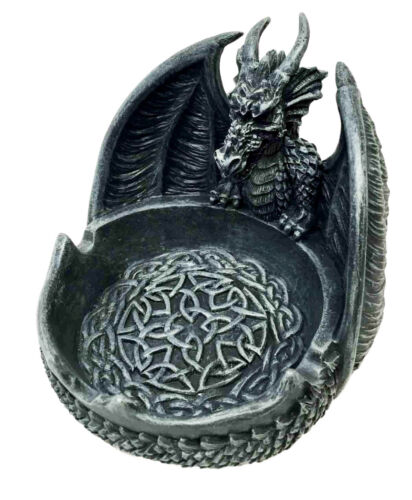Ebros Gift Ebros Mythical Guardian Dragon With Celtic Knotwork Round Cigarette Ashtray Statue 5.5" Wide Faux Stone Resin Legend Of The Swords Dragon Sculpture