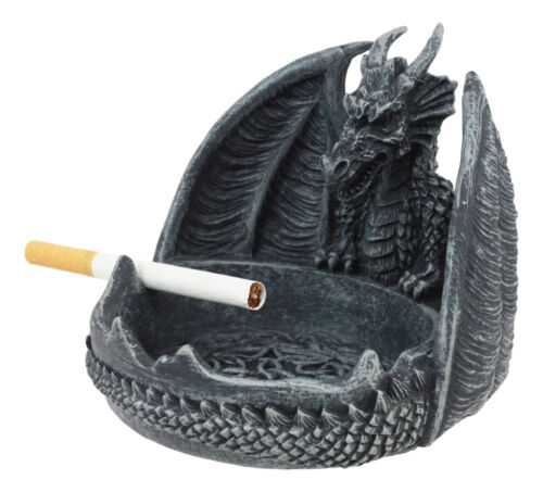 ebros gift Ebros Mythical Guardian Dragon With Celtic Knotwork Round Cigarette Ashtray Statue 5.5" Wide Faux Stone Resin Legend Of The Swords Dragon Sculpture