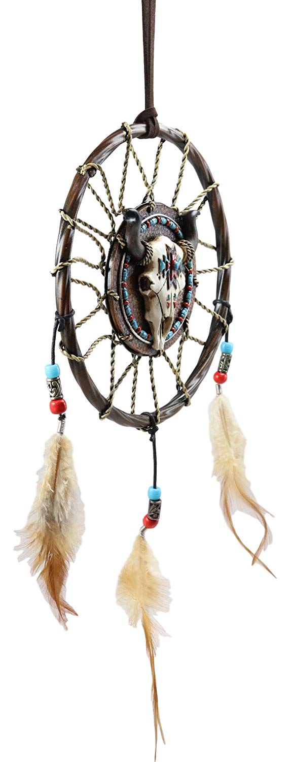 Ebros Gift Ebros Native American Horned Bison Steer Cow Skull Dreamcatcher With Beaded Feathers
