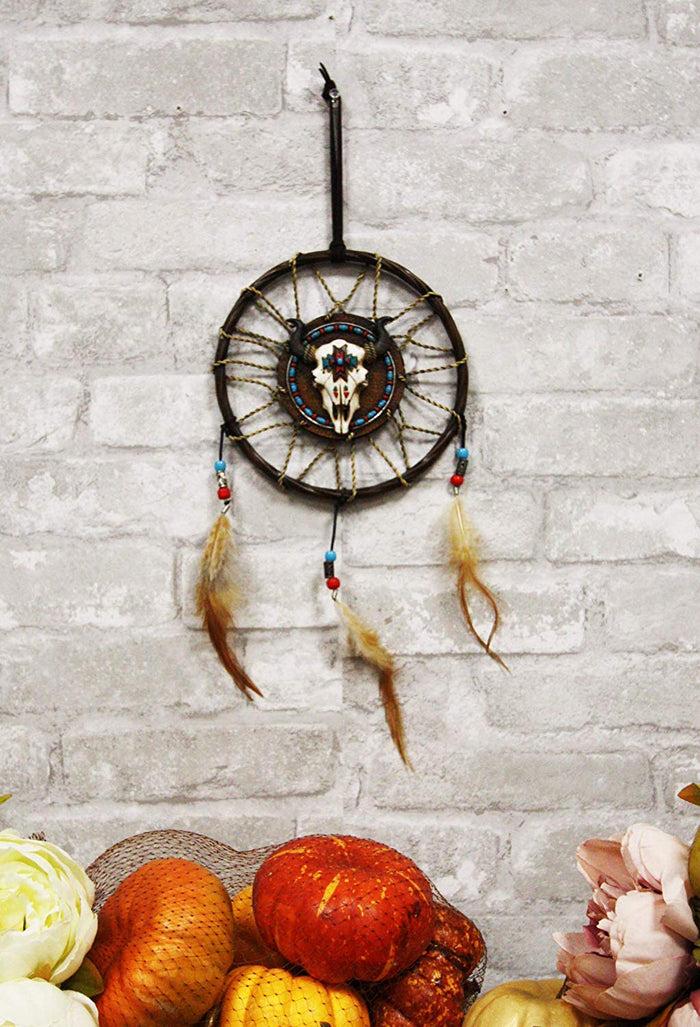 ebros gift Ebros Native American Horned Bison Steer Cow Skull Dreamcatcher With Beaded Feathers