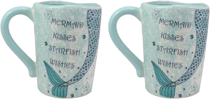 ebros gift Ebros Nautical Blue Mermaid Kisses Starfish Wishes Ceramic Mug 18oz Set of 2