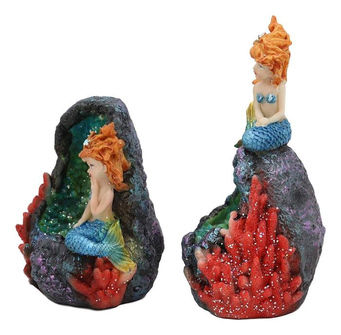 Ebros Gift Ebros Nautical Blue Tail Mermaids With LED Light Geode Crystal Cave Figurines Set Of 2