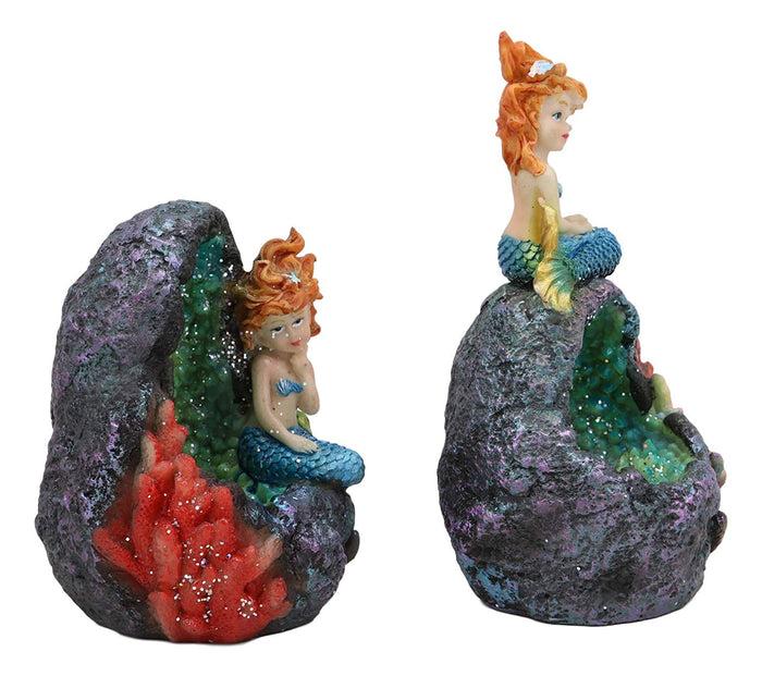 Ebros Gift Ebros Nautical Blue Tail Mermaids With LED Light Geode Crystal Cave Figurines Set Of 2