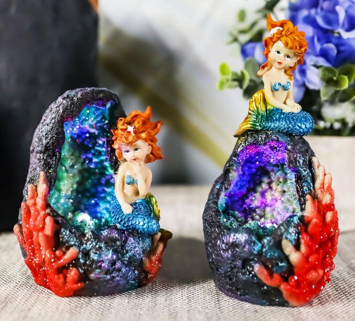 ebros gift Ebros Nautical Blue Tail Mermaids With LED Light Geode Crystal Cave Figurines Set Of 2