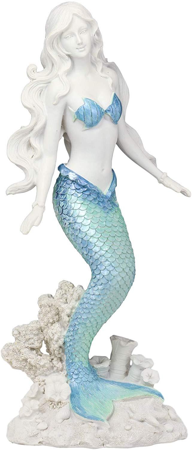 Ebros Gift Ebros Nautical Blue Tailed Siren Mermaid Ariel Standing By Corals Statue 11.75"H