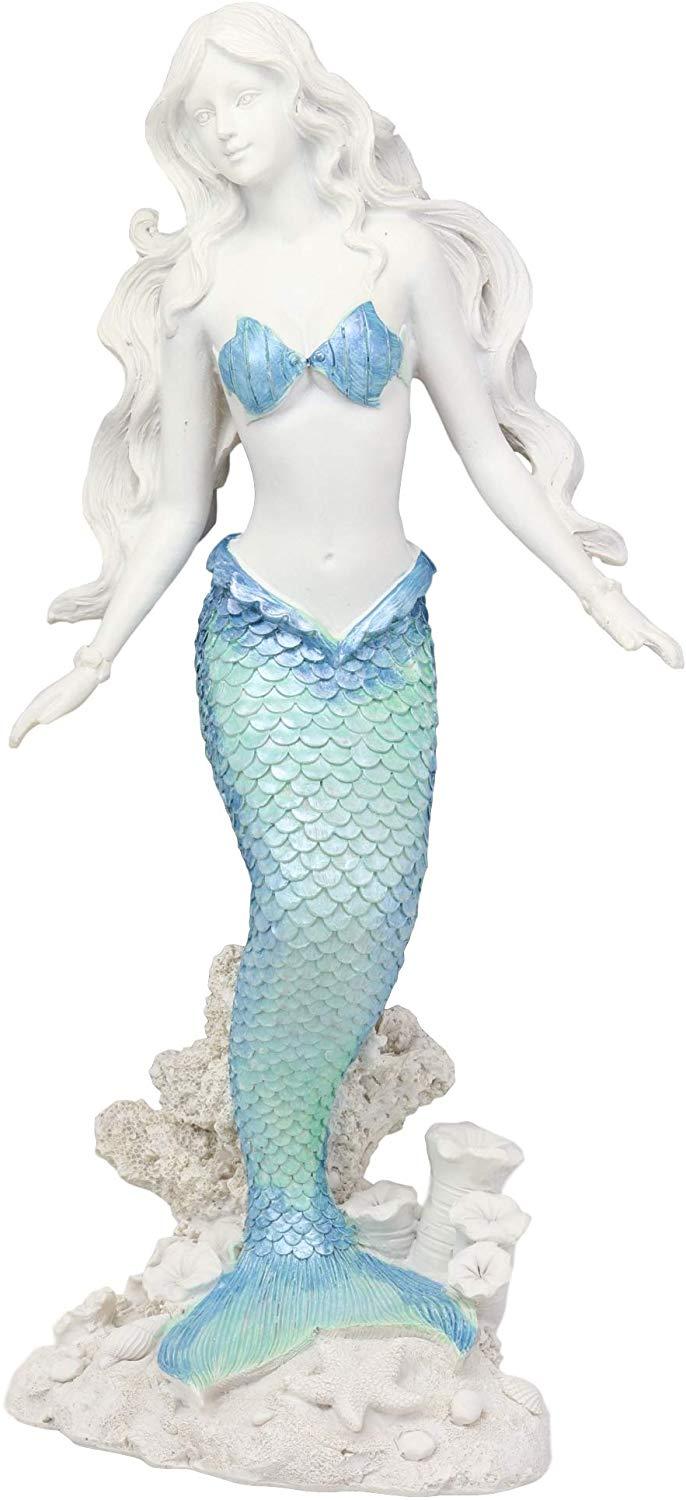 Ebros Gift Ebros Nautical Blue Tailed Siren Mermaid Ariel Standing By Corals Statue 11.75"H