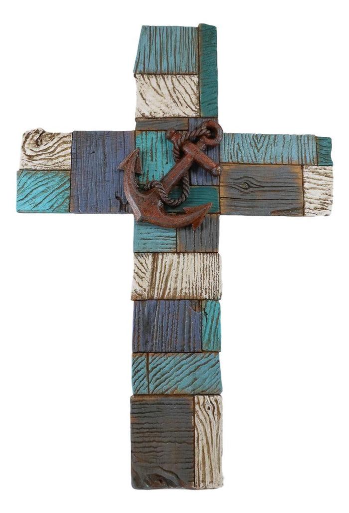 Ebros Gift Ebros Nautical Coastal Marine Ship Anchor Faux Distressed Wood Blue Wall Cross Plaque