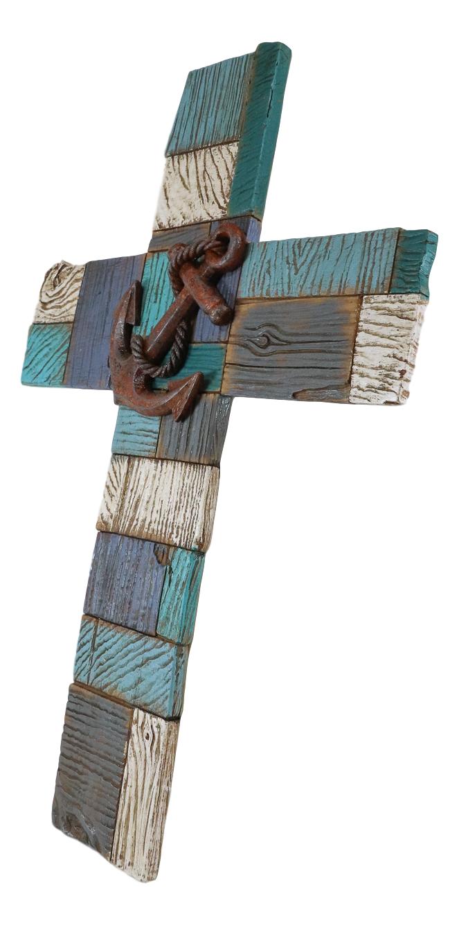 Ebros Gift Ebros Nautical Coastal Marine Ship Anchor Faux Distressed Wood Blue Wall Cross Plaque