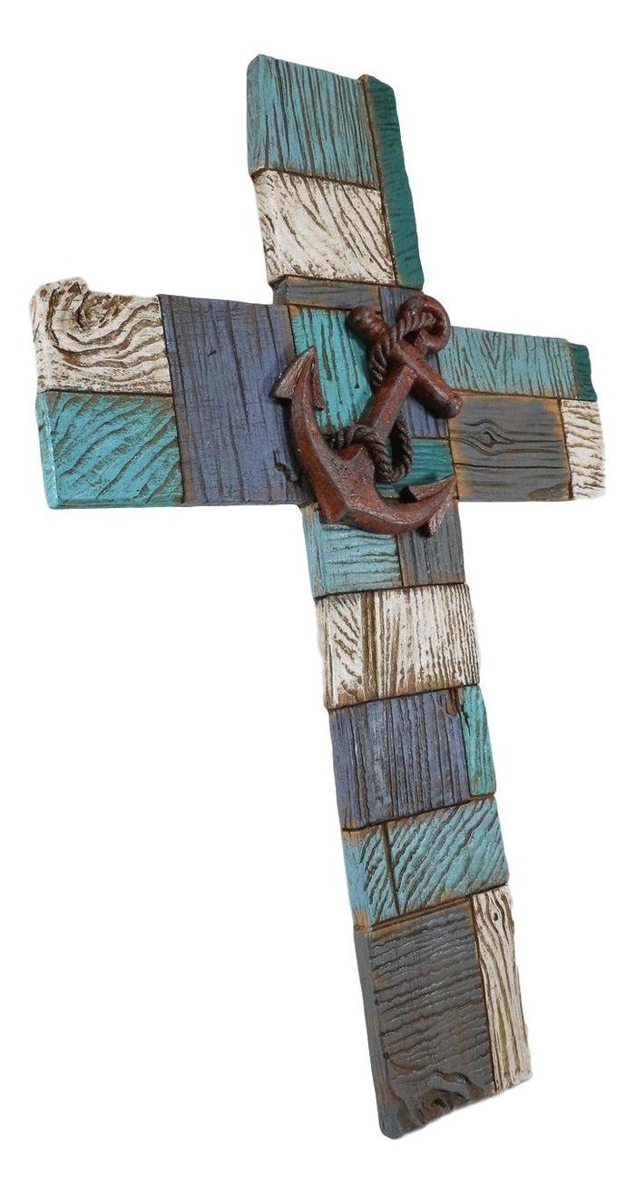 Ebros Gift Ebros Nautical Coastal Marine Ship Anchor Faux Distressed Wood Blue Wall Cross Plaque