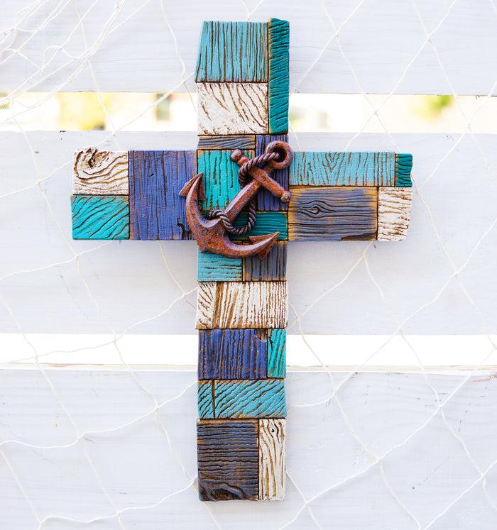 ebros gift Ebros Nautical Coastal Marine Ship Anchor Faux Distressed Wood Blue Wall Cross Plaque