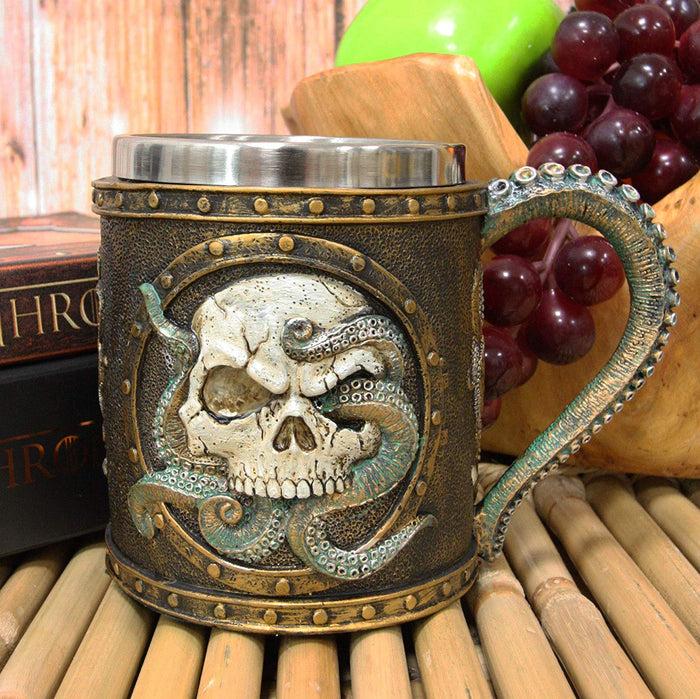 ebros gift Ebros Nautical Cthulhu Cosmic Giant Octopus Wrecking Human Skull In Porthole Frame With Anchor Drinking Mug 13 oz Resin Drink Coffee Cup With Stainless Steel Liner And Tentacles Handle