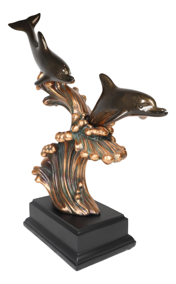Ebros Gift Ebros Nautical Marine 2 Dolphins Surfing Ocean Waves Electroplated Bronze Resin Statue