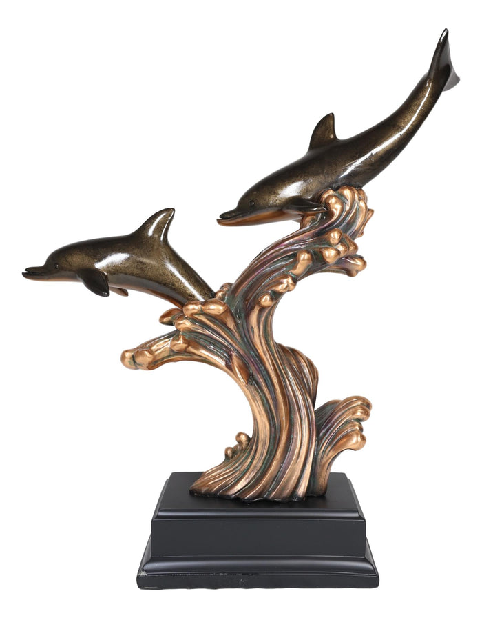 Ebros Gift Ebros Nautical Marine 2 Dolphins Surfing Ocean Waves Electroplated Bronze Resin Statue