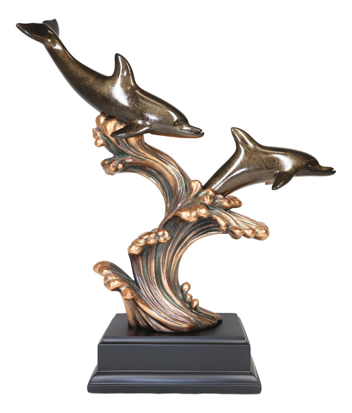 Ebros Gift Ebros Nautical Marine 2 Dolphins Surfing Ocean Waves Electroplated Bronze Resin Statue