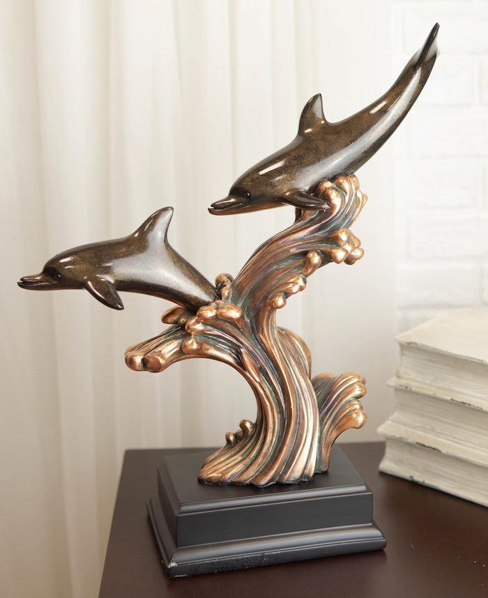 ebros gift Ebros Nautical Marine 2 Dolphins Surfing Ocean Waves Electroplated Bronze Resin Statue