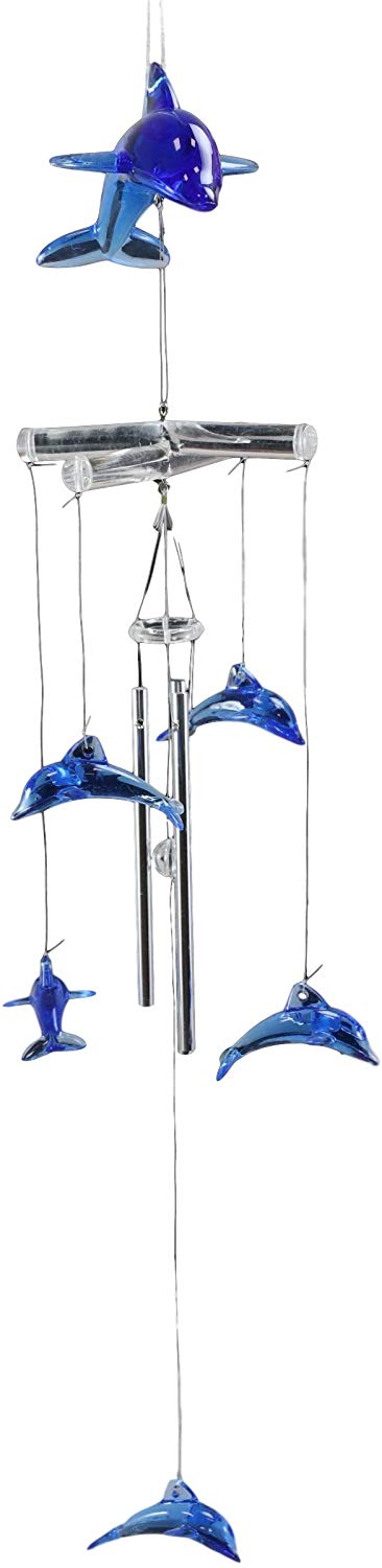 Ebros Gift Ebros Nautical Marine Blue Swimming Dolphin Wind Chime 22" Long Acrylic Glass With Aluminum Rods