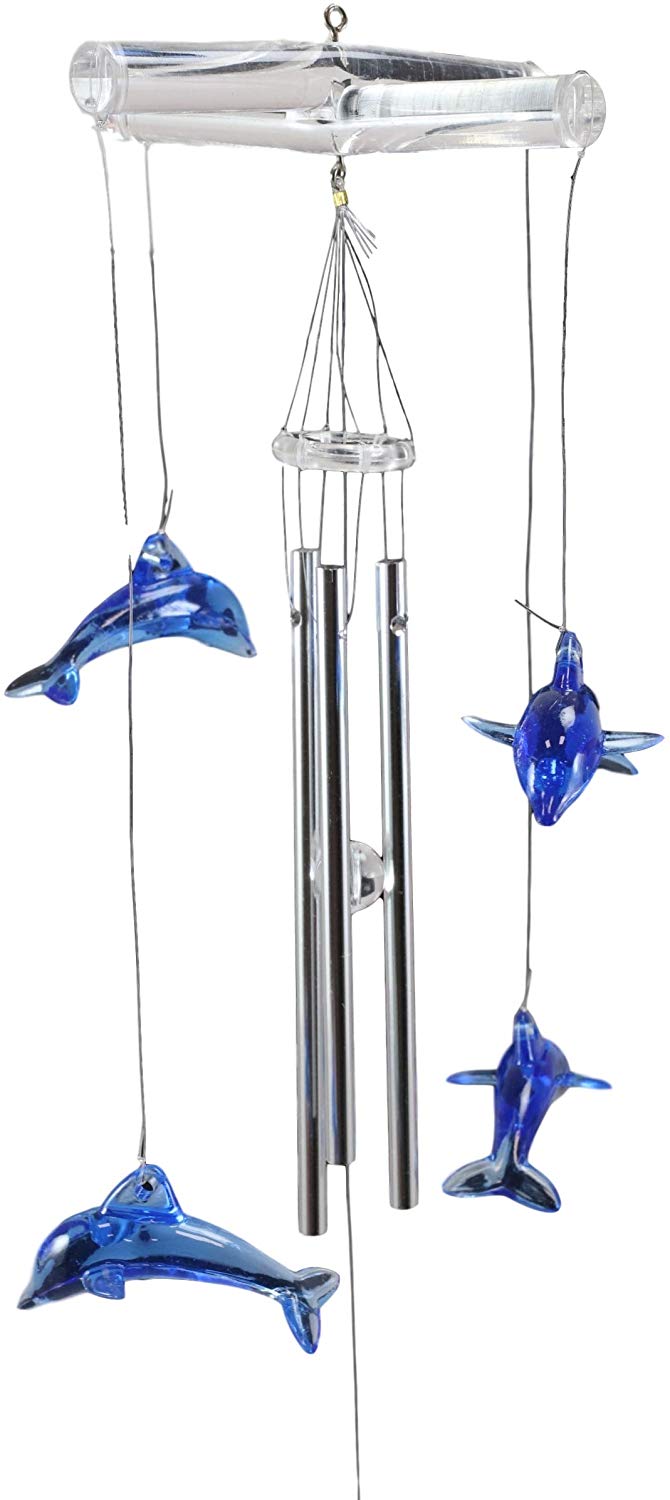 Ebros Gift Ebros Nautical Marine Blue Swimming Dolphin Wind Chime 22" Long Acrylic Glass With Aluminum Rods