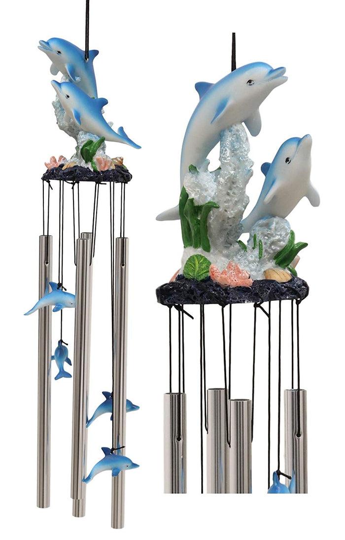 Ebros Gift Ebros Nautical Marine Dolphin Family Swimming By Coral Reef Wind Chime 21" Long Resin Crown With Aluminum Rods Home Patio Garden Decor Of Dolphins Under The Sea Life Decorative Noisemakers
