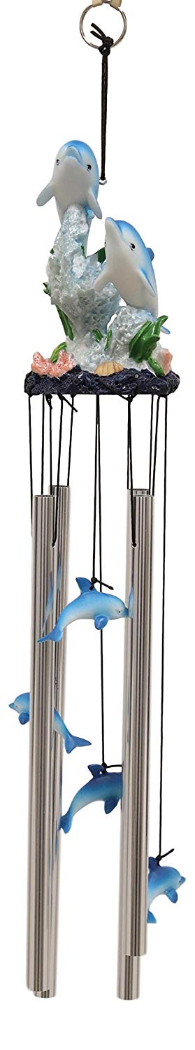Ebros Gift Ebros Nautical Marine Dolphin Family Swimming By Coral Reef Wind Chime 21" Long Resin Crown With Aluminum Rods Home Patio Garden Decor Of Dolphins Under The Sea Life Decorative Noisemakers
