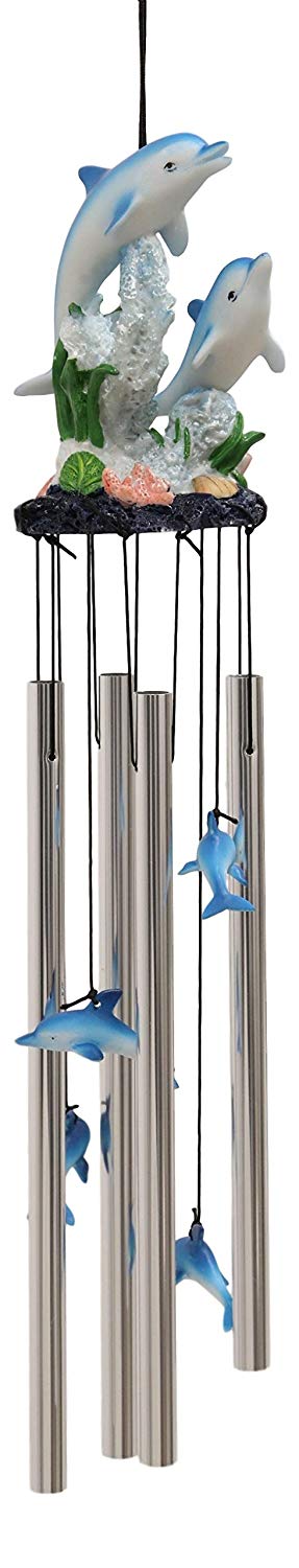 Ebros Gift Ebros Nautical Marine Dolphin Family Swimming By Coral Reef Wind Chime 21" Long Resin Crown With Aluminum Rods Home Patio Garden Decor Of Dolphins Under The Sea Life Decorative Noisemakers
