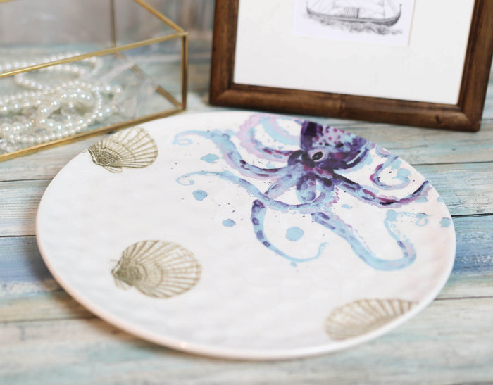 ebros gift Ebros Nautical Marine Octopus Sea Shell Ceramic Round Dinner Plates 11"D 2-Pack