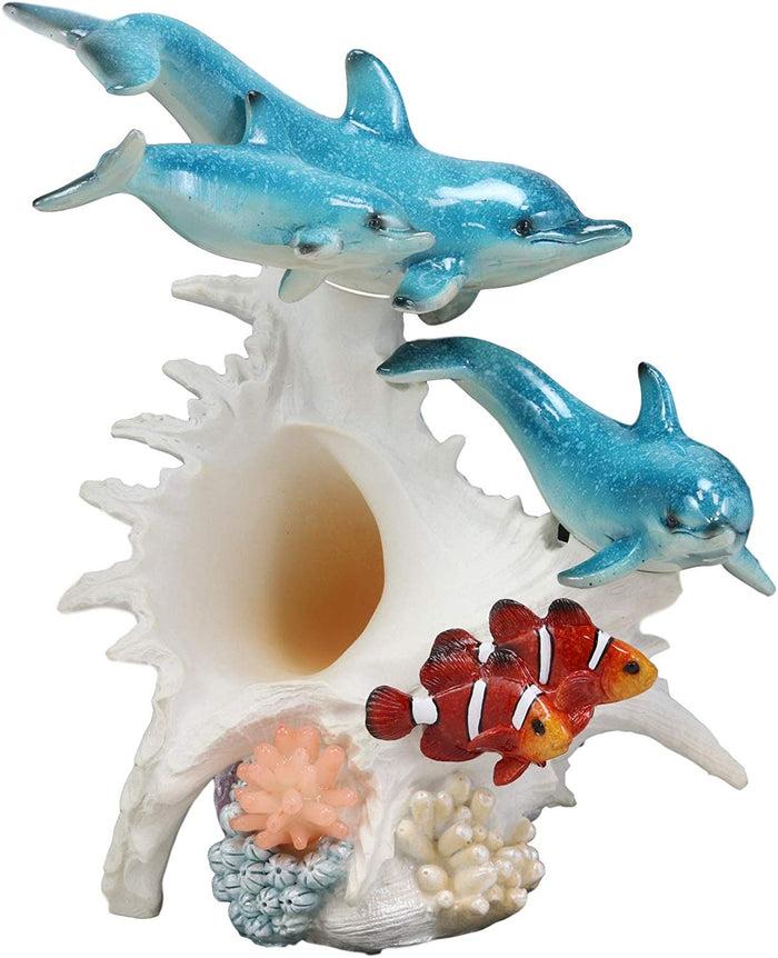 ebros gift Ebros Nautical Ocean Family 3 Dolphins Swimming Over Giant Sea Conch Clownfishes and Anemones Statue with Colorful LED Light 9.5" Tall