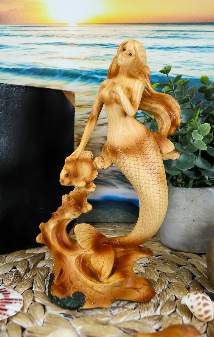 ebros gift Ebros Nautical Ocean Marine Mermaid Princess With Fish Statue 7.25"H Faux Wood