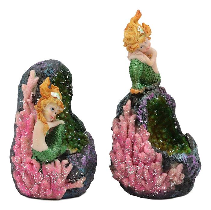 Ebros Gift Ebros Nautical Ocean Mermaid Mergirl Sitting By Geode Crystal Cavern Under The Sea Statue With LED Accent Night Lights Set Of 2