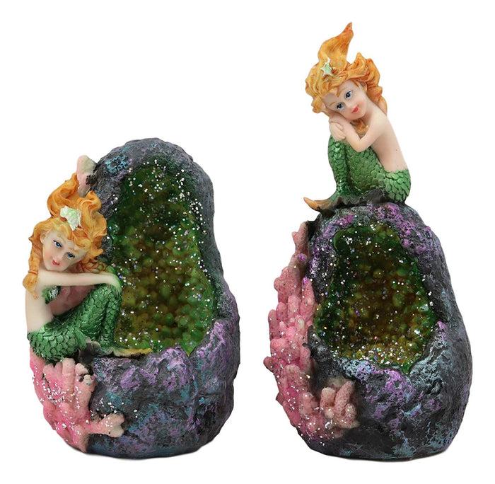 Ebros Gift Ebros Nautical Ocean Mermaid Mergirl Sitting By Geode Crystal Cavern Under The Sea Statue With LED Accent Night Lights Set Of 2