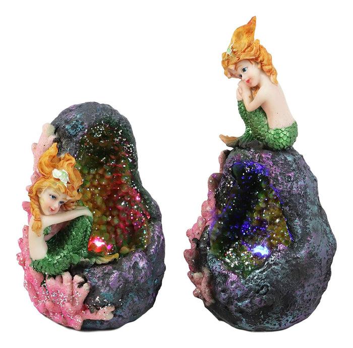 Ebros Gift Ebros Nautical Ocean Mermaid Mergirl Sitting By Geode Crystal Cavern Under The Sea Statue With LED Accent Night Lights Set Of 2