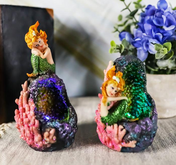 ebros gift Ebros Nautical Ocean Mermaid Mergirl Sitting by Geode Crystal Cavern Under The Sea Statue with LED Accent Night Lights Set of 2