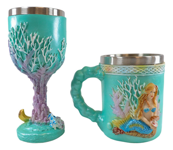 Ebros Gift Ebros Nautical Turquoise Ocean Coral Reef Mermaid W/ Pearl Mug & Wine Goblet Set