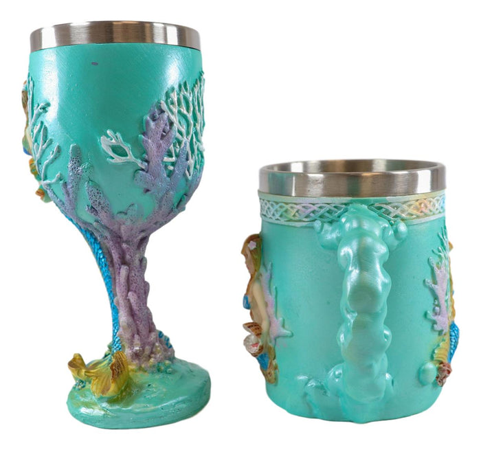 Ebros Gift Ebros Nautical Turquoise Ocean Coral Reef Mermaid W/ Pearl Mug & Wine Goblet Set