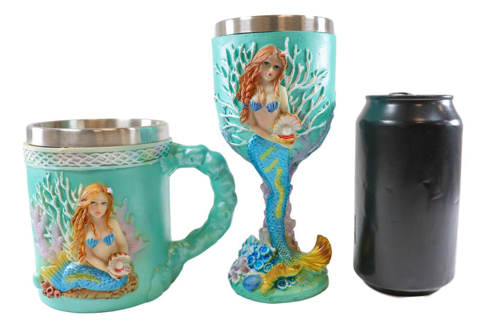 Ebros Gift Ebros Nautical Turquoise Ocean Coral Reef Mermaid W/ Pearl Mug & Wine Goblet Set