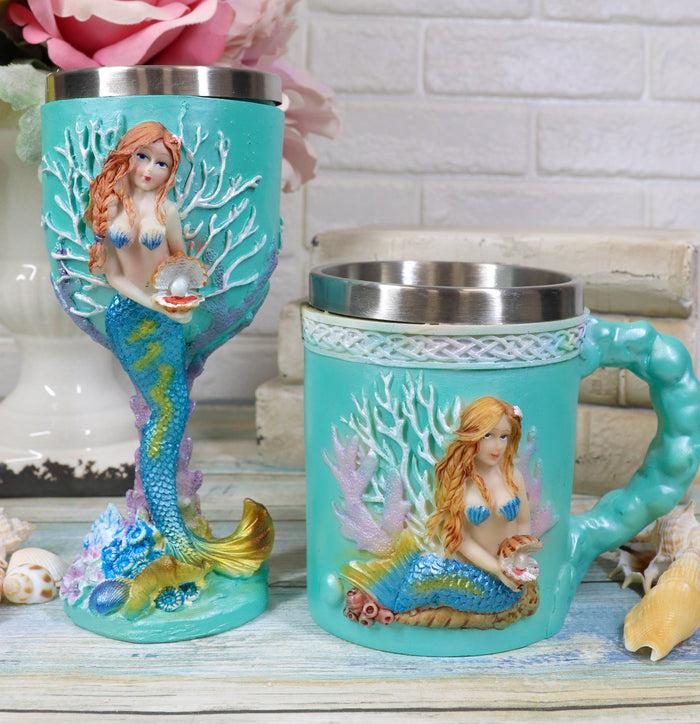 ebros gift Ebros Nautical Turquoise Ocean Coral Reef Mermaid W/ Pearl Mug & Wine Goblet Set