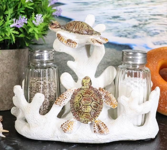 ebros gift Ebros Nautical White Coral Reef With 2 Swimming Sea Turtles Salt And Pepper Shakers Holder Set Figurine Coastal Beach Turtles Tortoises Decorative Sculpture As Kitchen Dining Centerpiece Accent
