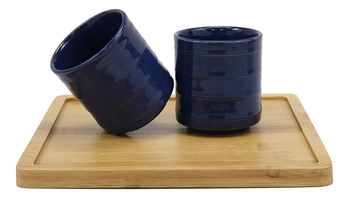 Ebros Gift Ebros Navy Blue Contemporary Ceramic 20oz Tea Pot With 2 Cups And Bamboo Tray Set
