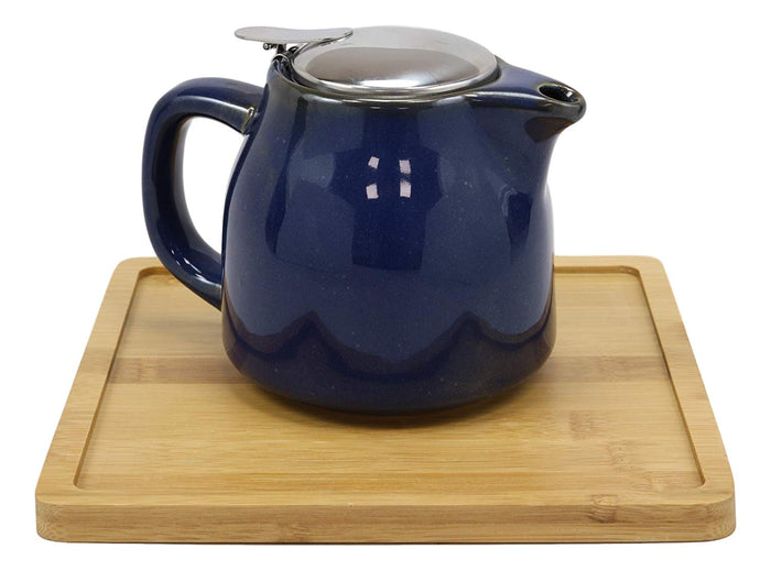 Ebros Gift Ebros Navy Blue Contemporary Ceramic 20oz Tea Pot With 2 Cups And Bamboo Tray Set
