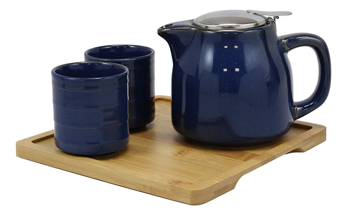 Ebros Gift Ebros Navy Blue Contemporary Ceramic 20oz Tea Pot With 2 Cups And Bamboo Tray Set