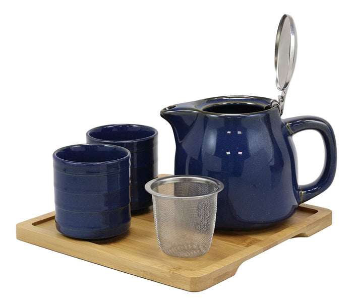 ebros gift Ebros Navy Blue Contemporary Ceramic 20oz Tea Pot With 2 Cups And Bamboo Tray Set