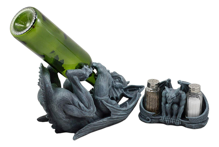 Ebros Gift Ebros Night Abbadon Gothic Winged Gargoyle Wine Bottle Holder And Salt Pepper Shakers Figurine Set Of 2 Kitchen Cellar Decor Statue
