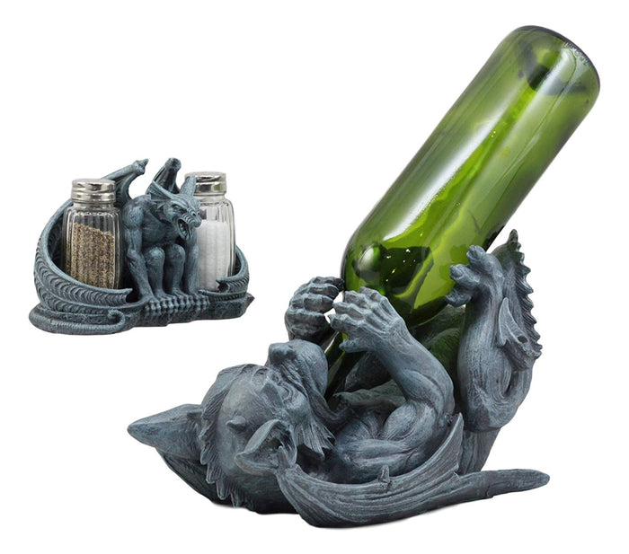 Ebros Gift Ebros Night Abbadon Gothic Winged Gargoyle Wine Bottle Holder And Salt Pepper Shakers Figurine Set Of 2 Kitchen Cellar Decor Statue