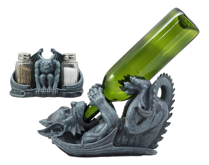 ebros gift Ebros Night Abbadon Gothic Winged Gargoyle Wine Bottle Holder and Salt Pepper Shakers Figurine Set of 2 Kitchen Cellar Decor Statue