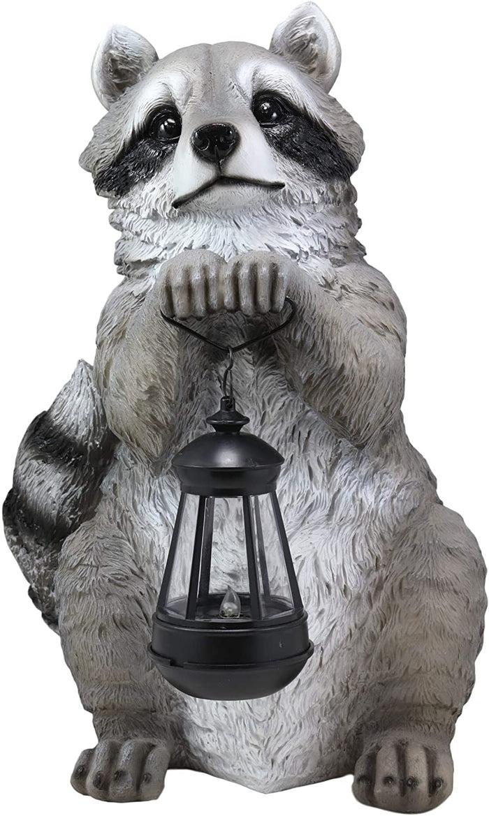 Ebros Gift Ebros Night Bandit American Raccoon Statue Holding Solar Lantern LED Light 15"H