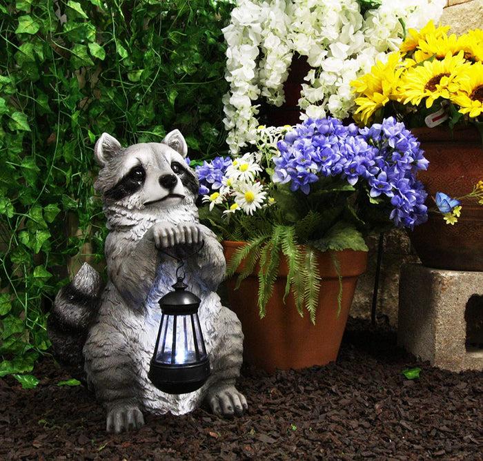 Ebros Gift Ebros Night Bandit American Raccoon Statue Holding Solar Lantern LED Light 15"H