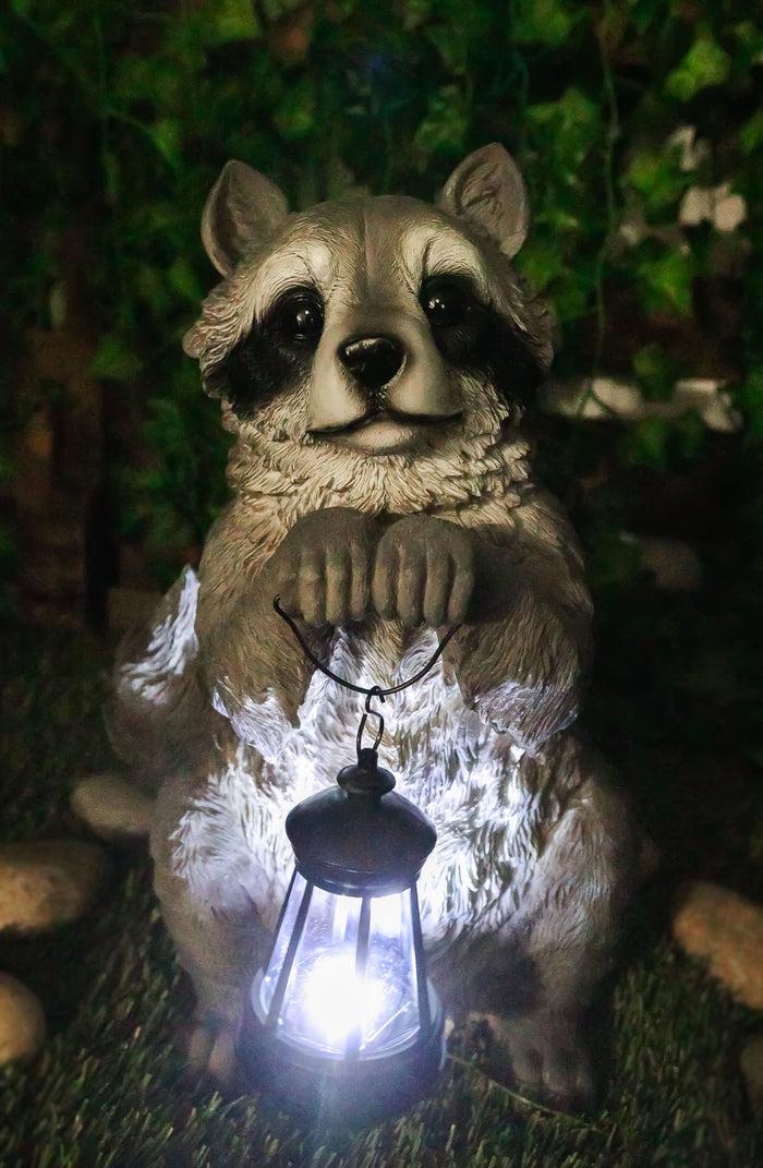 ebros gift Ebros Night Bandit American Raccoon Statue Holding Solar Lantern LED Light 15"H