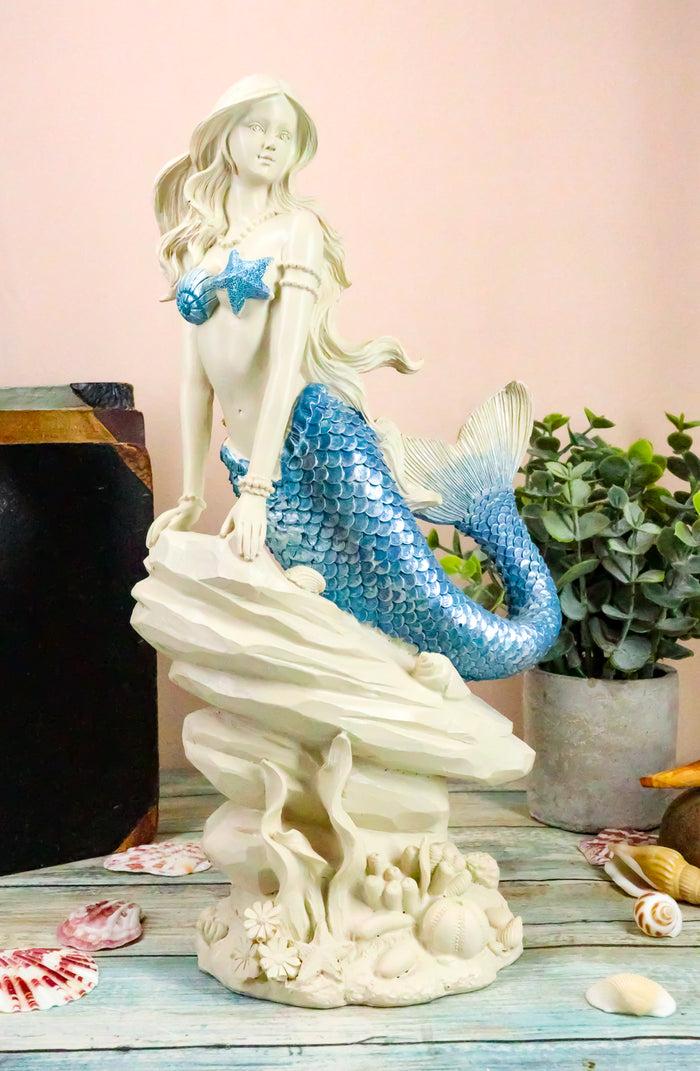 ebros gift Ebros Ocean Aqua Blue Tailed Mermaid Sitting On Sea Rock Figurine 11.5"H